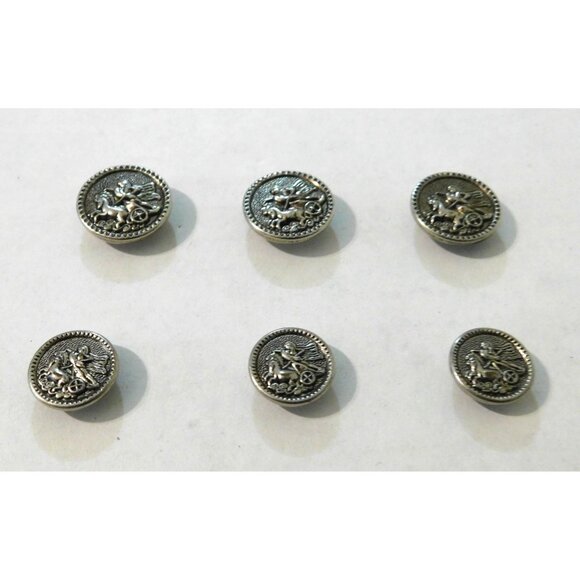 Vintage Silver Horse Chariot Rider Button Set Of 6 Round Metal Shank - Picture 4 of 6